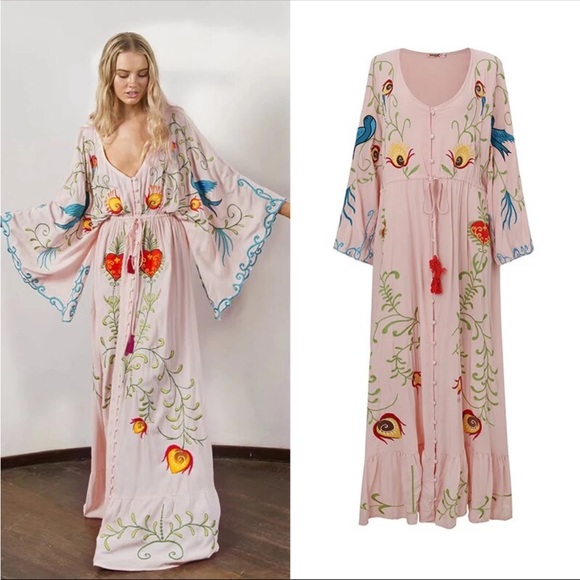 #103 New! 5 STAR Bohemian Kimono Embroidered Maxi Dress - Picture 4 of 7